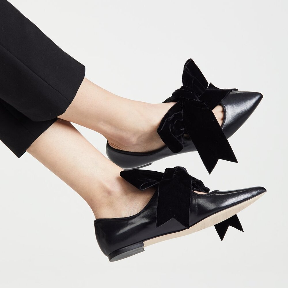 ✨ NIB Tory Burch Clara Velvet Bow Pointed Toe Leather Flats Black $348 ✨